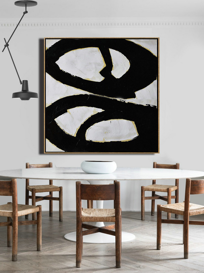 Large Abstract Painting Canvas Art,Handmade Minimal Art Palette Knife Canvas Painting, Black White Beige - Large Wall Canvas